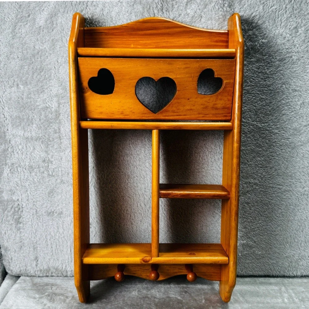 Vintage 80s Wood Wall Shelf Heart Cutout Curio Display 3 Pegs Cottagecore